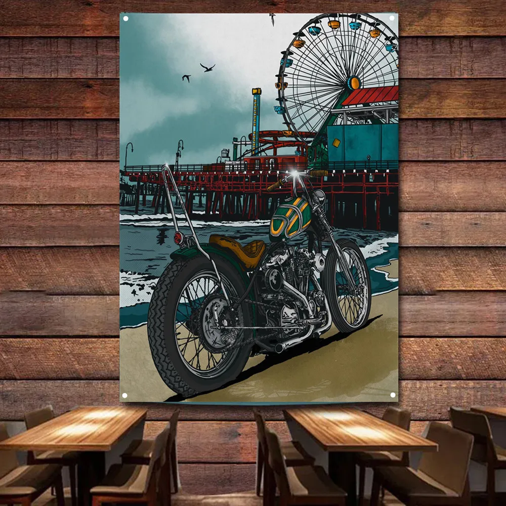 شاطئ البحر دراجة نارية ملصق فن - مراجعة Auto Repair Shop Banners وسعره